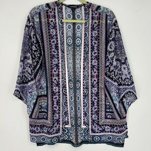 Express Womens Small Open Front Short Kimono Topper Pink Blue Geometric Floral